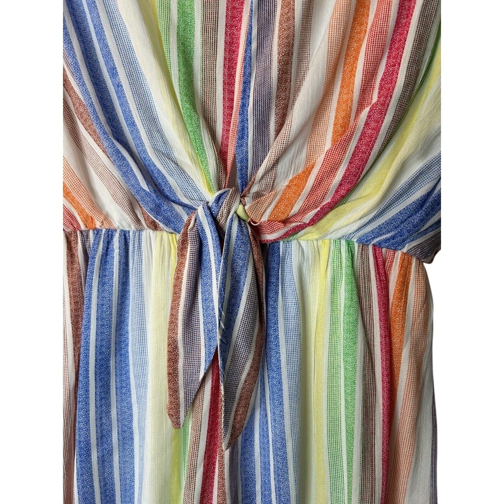 She + Sky Romper Size L Multicolor Rainbow Striped Short Sleeve Open Back V-Neck - Picture 3 of 11